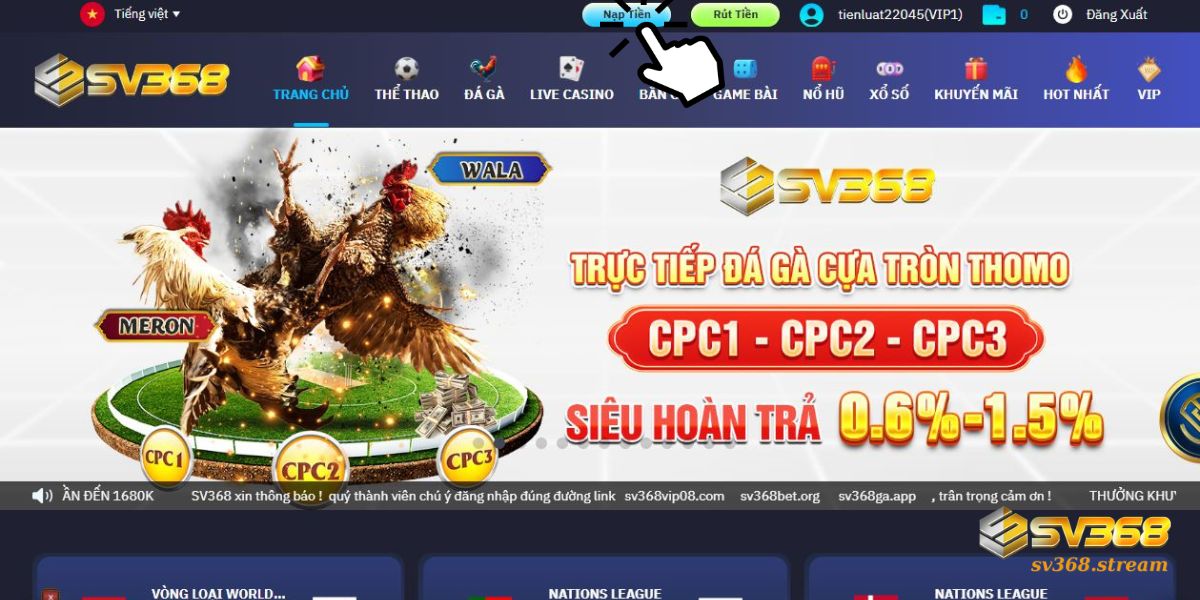 Đăng nhập SV368 -> Truy cập nạp tiền