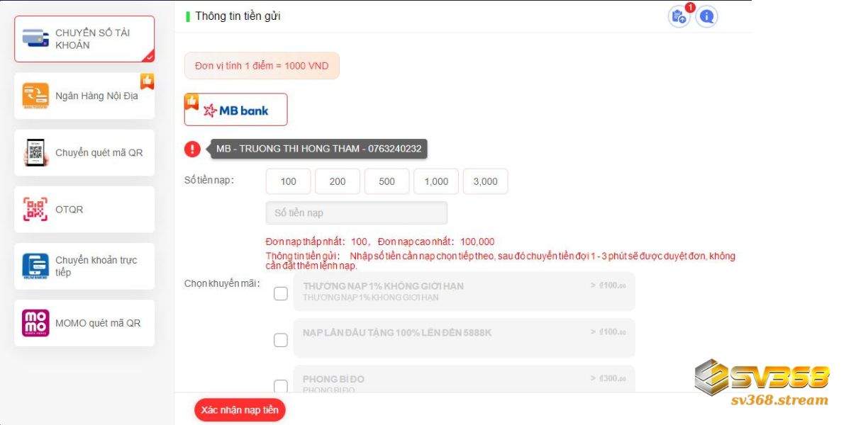 Lưu ý khi thực hiện giao dịch nạp tiền tại SV368